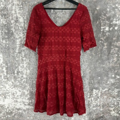 Love Reign Size XL Stretch Floral Scoop Neck Mini Fit Flared Dress Red Lined