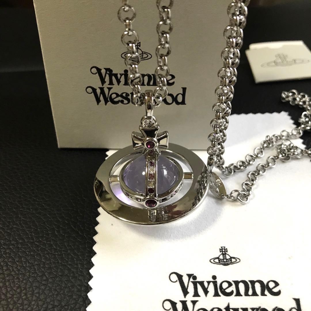Vivienne Westwood Necklace Small Orb Silver Purple Chain 80cm Top