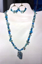 Blue Green Sea Glass Gemstone Freeform Pendant Necklace Earrings, 17"-19"