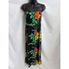 Vintage Feathers Midi Floral Dress Long Multicolor Size S Beachy Tropical Flower