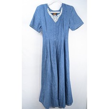 Vintage Y2K Floral Lace Denim Maxi Dress Sz 10 Cottagecore Prairie Western Twee