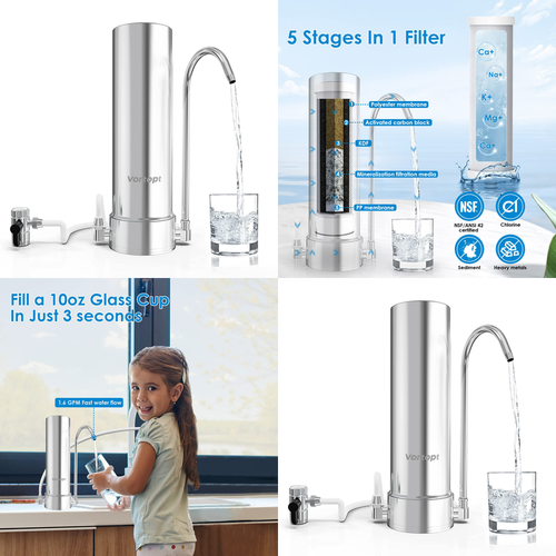 Countertop Stainless Steel Water Purifier System Faucet Sink 5 Stage Filtration