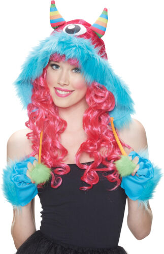 RAINBOW MONSTER FURRY HOOD WITH POM POMS FUN HAT COSTUME MR156182 - Picture 1 of 2