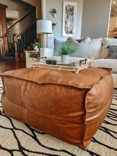 Leather Ottoman Moroccan Pouf Unstuffed Pouffe Boho Brown Footstool Square 30''
