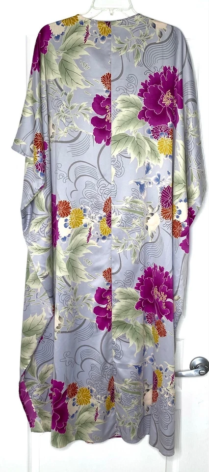 NATORI Floral Print Charmeuse Tie Waist V-Neck Caftan Maxi Dress Night-Gown L - Image 2 of 4