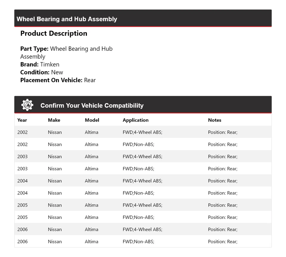 适用于 2002 - 2006 年日产 Altima FWD 轮轴承和轮毂组件 后铁姆肯公司 2003 — 第 2/4 张图片
