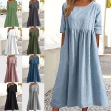 Womens Short Sleeve Plain Midi Dress Ladies Casual Baggy Pleated Swing Dresses