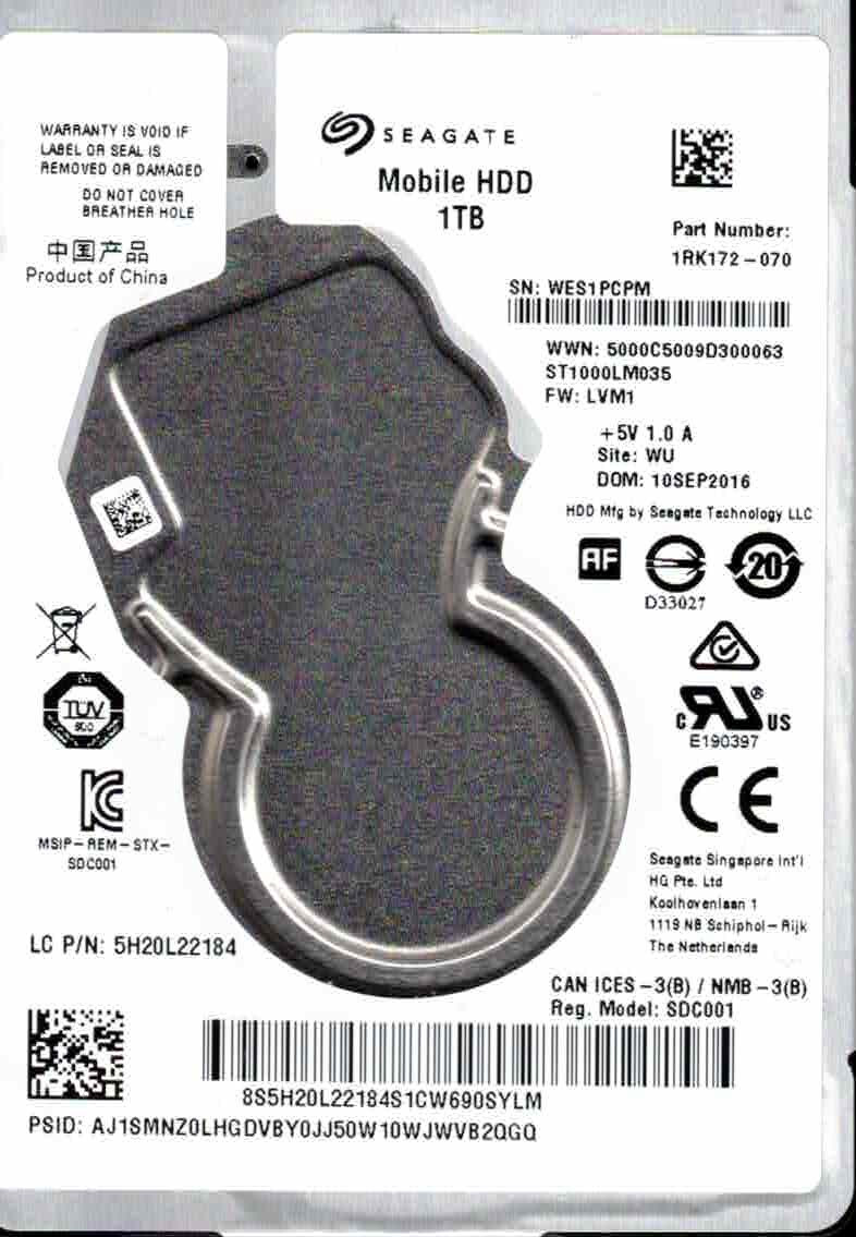 【4台】Seagate ST1000LM035 1TB 【0610SE17】 ST1000LM035, 1RK172-070, LVM1, WU, WES1, SEAGATE SATA 1TB SEP 2016