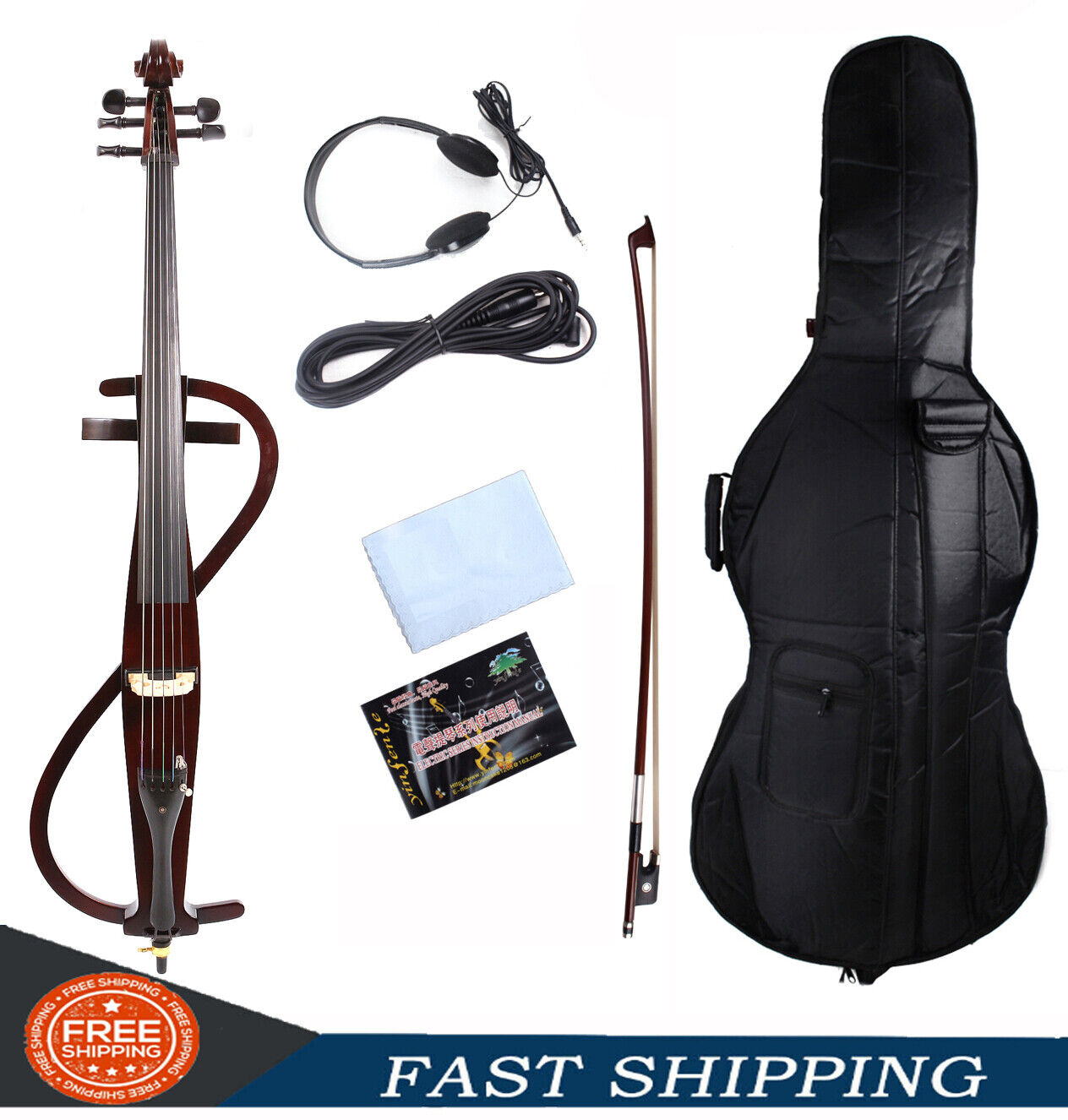 Electric Cello 4/4 Full Size Solid Wood Cellos Ebony Fittings Free Cello Bag Bow