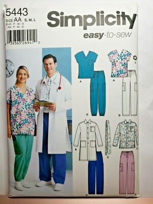 Sewing Pattern Unisex Lab Coat Scrubs Pants Sz AA S M L Simplicity 5443