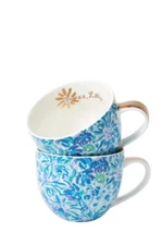 LILLY PULITZER BLUE FLORAL SET 2 COFFEE MUGS GOLD TRIM HANDLE High Maintenance
