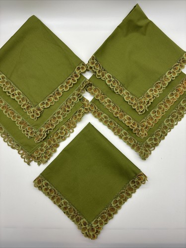 Mid-Century 4 Piece Set Cloth Dinner Napkins 16x16" Green Lace Trim Vintage MCM