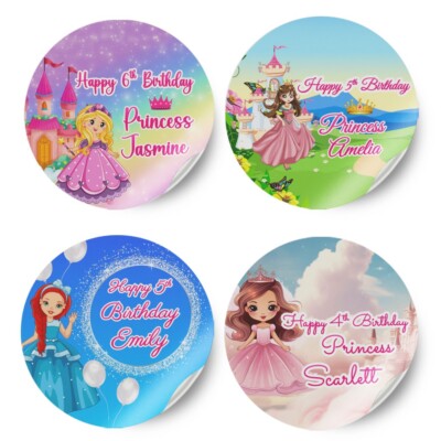 Personalisierte Prinzessin Design beliebiger Name Geburtstag Aufkleber Party Deko Etikett 14