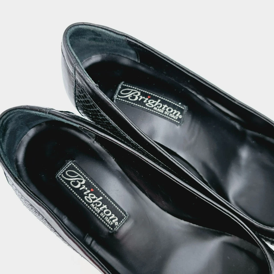 Tacones de cuña Brighton Nelly 8 M cuero negro estampado de serpiente punta abierta pitón sin cordones Foto 3 de 4