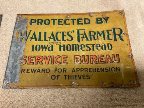 2-Vtg Protected By Wallace’s Farmer Iowa Homestead Bureau Advertising Tin Sign - Picture 3 of 14