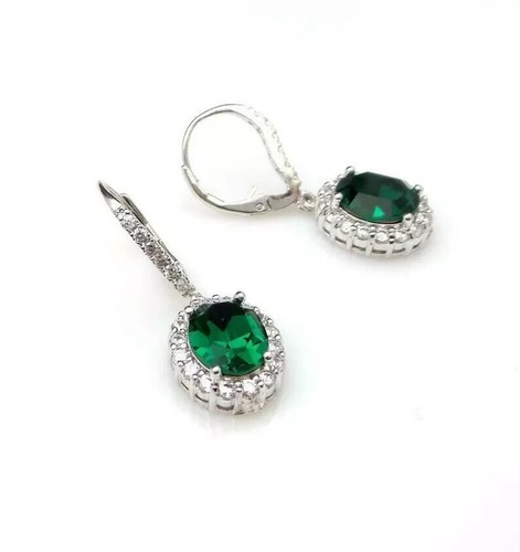 2.15Ct Oval Cut Simulated Emerald Halo Drop Dangle Earring 14k White Gold Plated - Picture 3 of 4