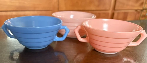 3pc Hazel Atlas Moderntone Platonite DOUBLE Handle & Cereal Bowls Cottagecore