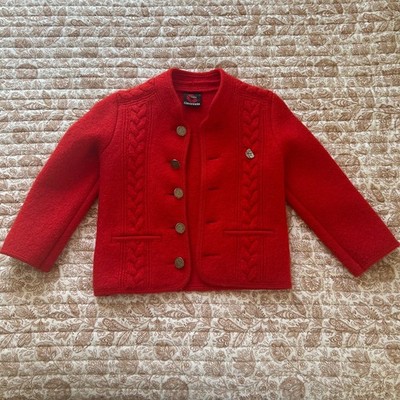 Giesswein Austria Kids Red Boiled Wool Jacket size 4 Coin Buttons Braid Design 