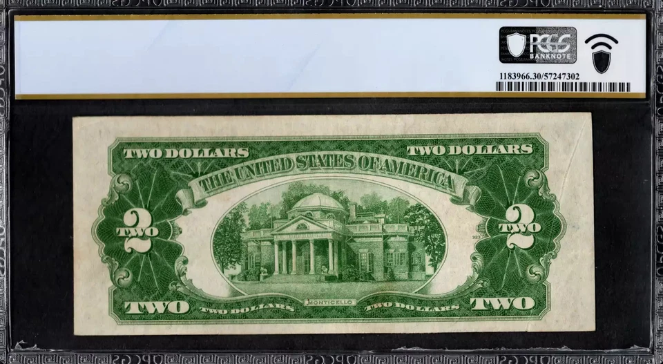 $2 1928-D Legal Tender RED SEAL DEUCE with GUTTER FOLD ERROR PCGS VF 30 - Image 2 of 2