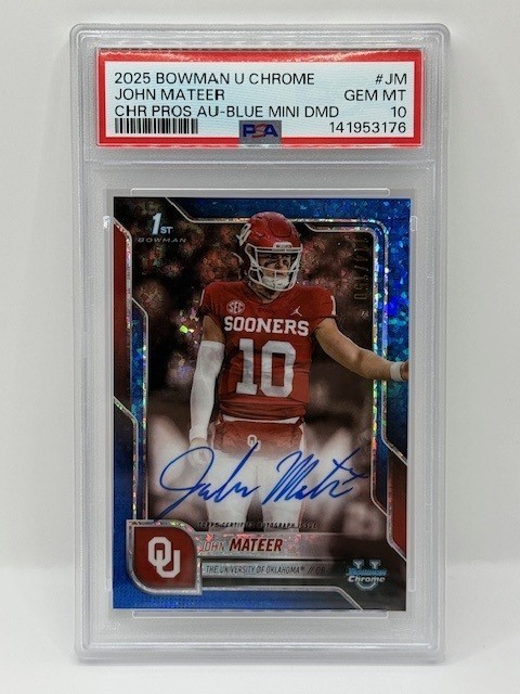 🔥 John Mateer Blue Mini Diamond Auto # /150 Sooners PSA 10 2025 Bowman Chrome