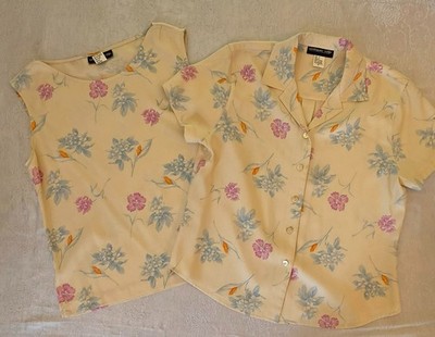 VINTAGE Unique Silk Two-Piece Shell and Buttondown Blouse in Ivory Floral, sz 10