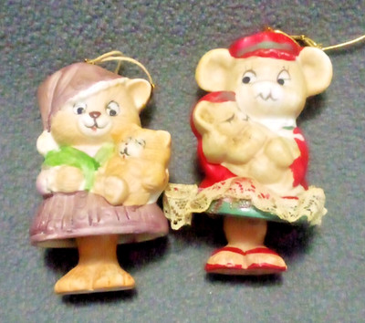 VTG Jasco Cat & Mouse W/ Babys  Bells Christmas Ornament Ceramic Taiwan Decor