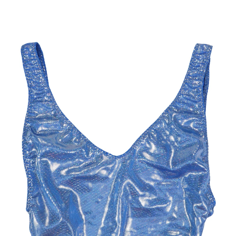 Vintage 90s Ritchie Swimsuit One Piece Shimmery Metallic Solid Blue High Leg Cut - Image 2 of 4
