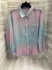 Women’s Sheer Ombre Button Down Blouse Top Pastel Blue Pink 2XL Lightweight
