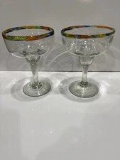 Confetti Margarita Mexican Set of 2 Hand Blown Large Rim Glasses Unused No Flaws