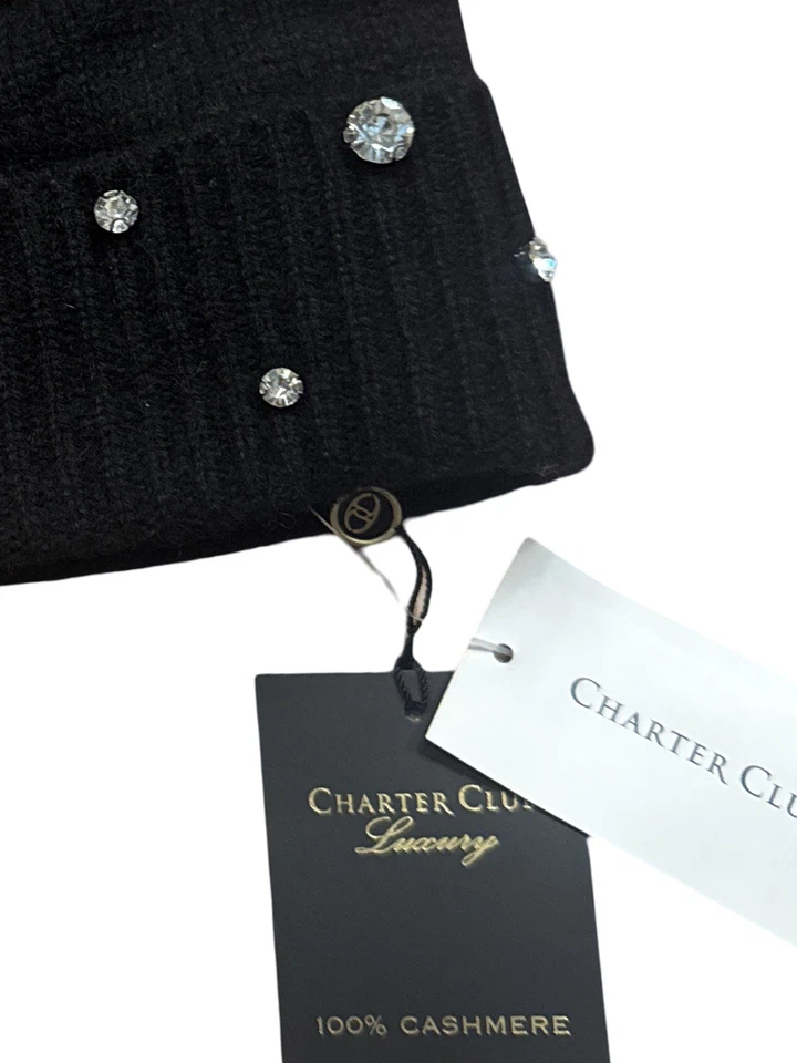Gorro Charter Club 100 % cachemir adornado negro talla única nuevo con etiquetas $119,50 Foto 3 de 3