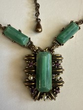 Vintage Art Deco Necklace Green Early Plastic Brass Pendant, Est 1930s - 1940’s