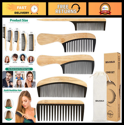 5 Pcs Bamboo Anti-Static Comb Set - Wide Tooth, Rat Tail, Fine Tooth for All Hai