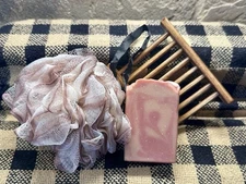 Strawberry Leather Goat Milk Soap  App. 5.0  Oz Soap With Soap Dish & Loofah
