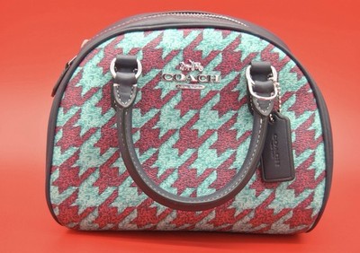 Coach CJ628 Sydney Satchel With Houndstooth Print Canvas Leather  Teal/Wine