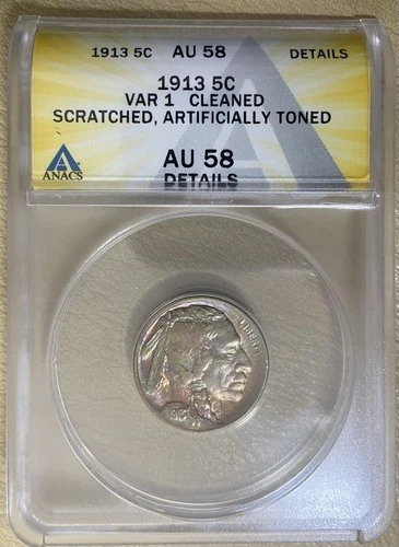 1913 Buffalo Nickel Type 1 ANACS AU58 Cleaned