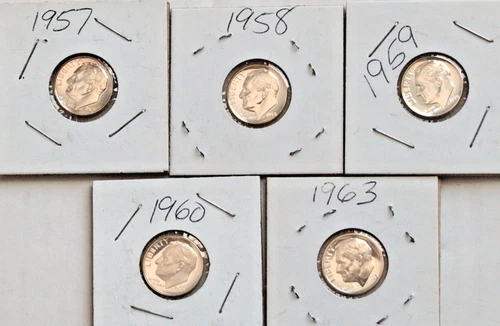 5 coin lot 1957, 1958, 1959,1960 & 1963 Roosevelt Silver Dimes BU/proof
