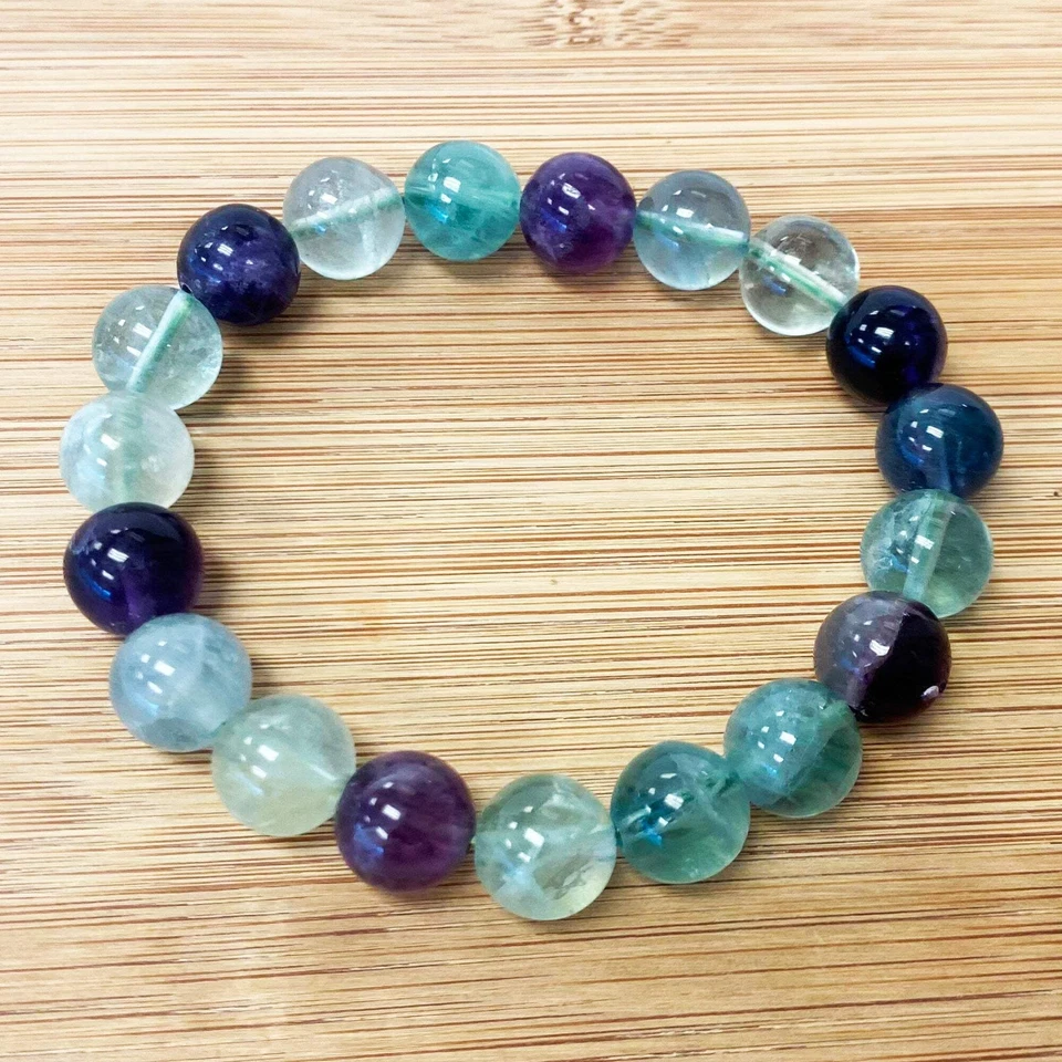 10mm Fluorite Gemstone Round Bead Unisex Handmade Stretch Bracelet - Image 3 of 4