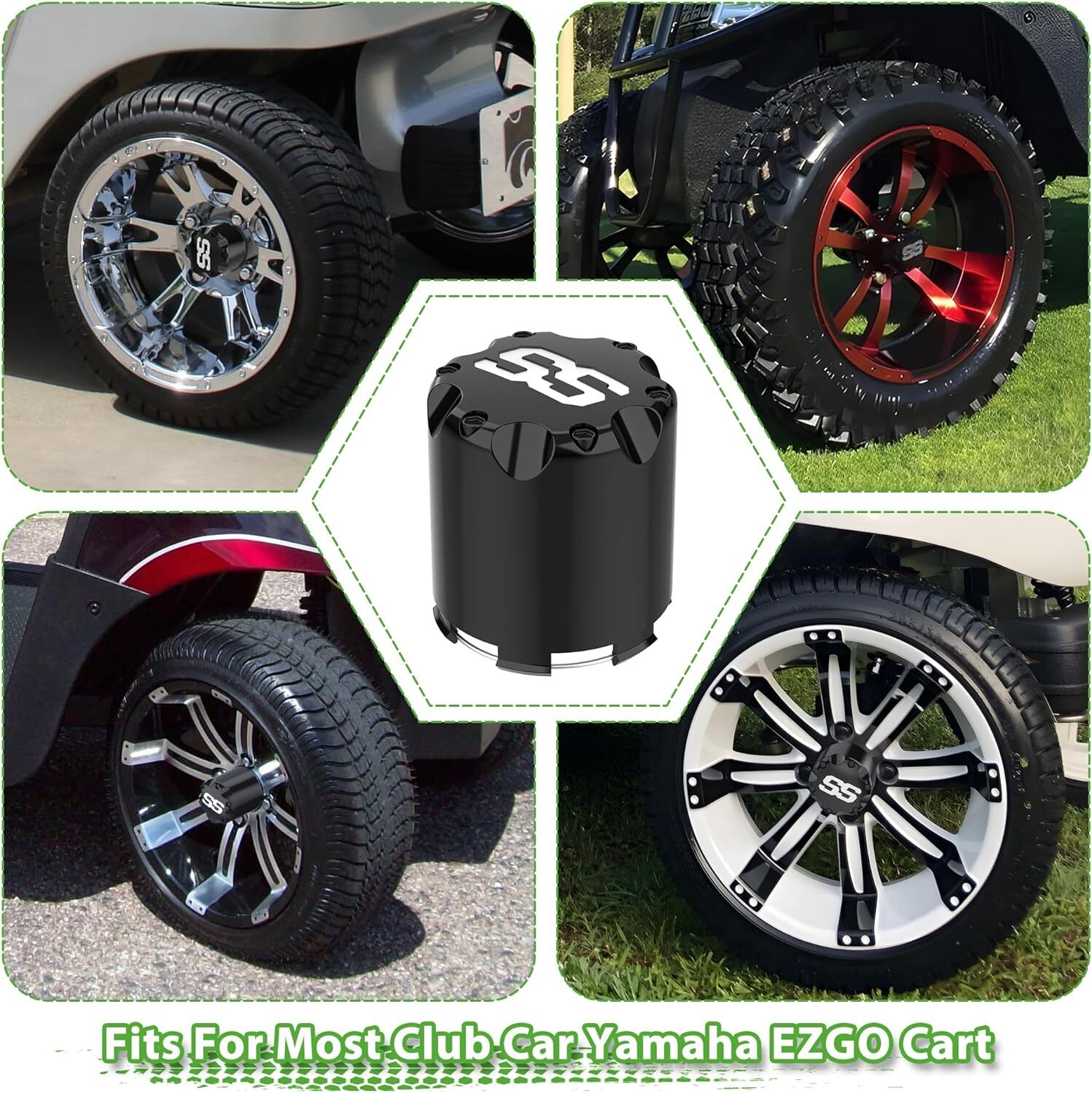 10L0L Golf Cart Wheel Center Caps and Lug Nuts for EZGO Club Car, Black