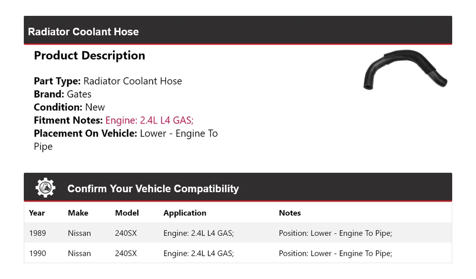 Manguera de refrigerante de radiador inferior para Nissan 240SX 1989-1990 - puertas de motor a tubería Foto 2 de 4