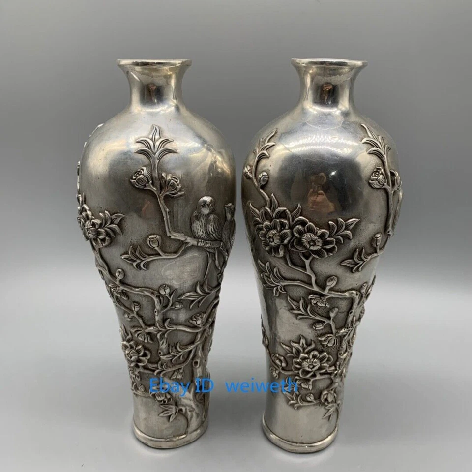 A Pair Old China Tibet Silver Carving Flower Vase W Qianlong Mark 38043 - Image 3 of 4