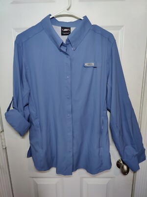 Viodia Blue Long Sleeve Fishing Shirt Roll Tab Snap Button Zip Pockets L