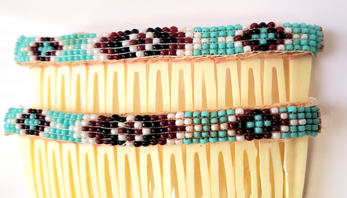Pair Vtg Hair Combs Goody Peyote Stitch Beaded South West Turquoise Design 3” - Picture 6 of 6