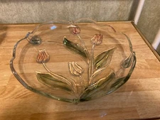 Mikasa Tivoli Crystal Serving Plater Tulips Clear Blue Green Pink Glass Art