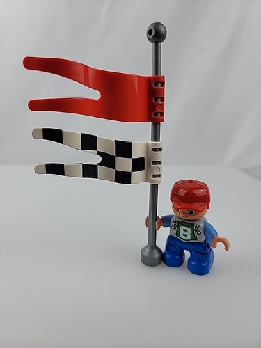 LEGO Duplo BOY HOLDING RED AND CHECKER RACING CAR FLAG