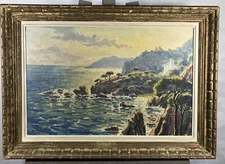 Oil Landscape post-Impressionist View A Coast Rocky Signed 13 13/16x21 1/8in