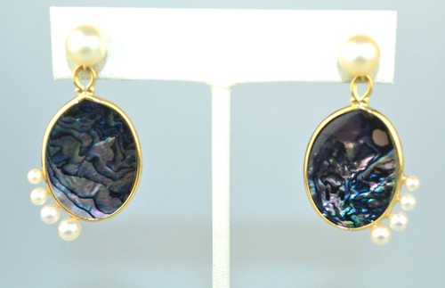 14K YELLOW GOLD PEARL & ABALONE 1.75 INCH LONG DANGLE PIERCED EARRINGS - 第 1/4 張圖片