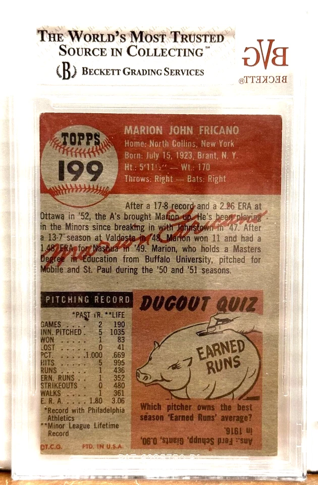 1953-1 Topps 199 Marion Fricano Philadelphia Athletics BVG VG-EX 4 - Image 2 of 2