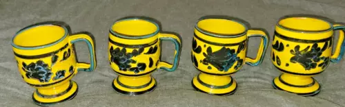 4 VTG SIGNED Handmade Hand Painted Italian Pottery Flowers Yellow Footed Mug Cup