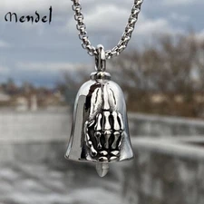 MENDEL Motorcycle Gremlin Biker Skull Guardian Bell Necklace Stainless Steel