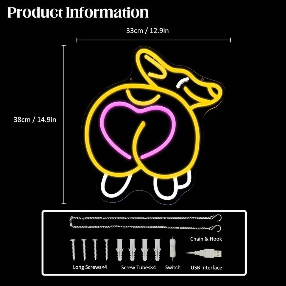 Letrero de neón Corgi, acrílico, 14,9 x 12,9 pulgadas, alimentado por USB, moderno naranja rosa Foto 3 de 4